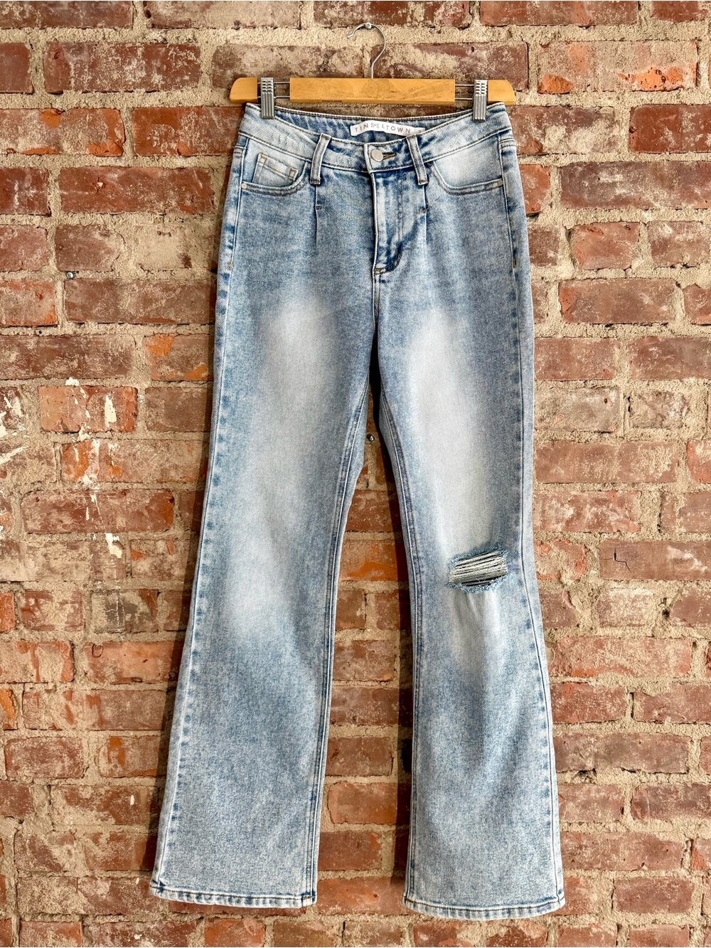 Tinseltown Light Blue Flare Jeans with Knee Distress
